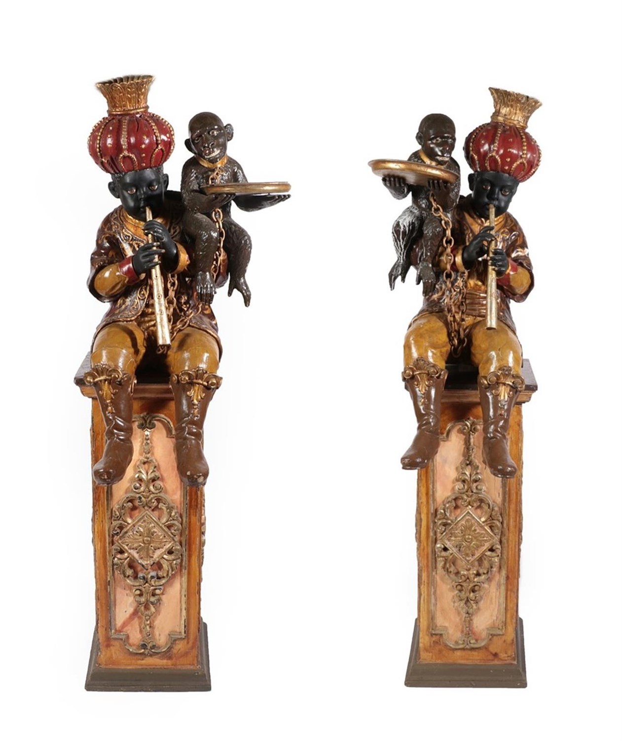 Lot 67 - A Pair of Venetian Polychrome Decorated and Parcel Gilt Blackamoor Figures, late 19th century, each