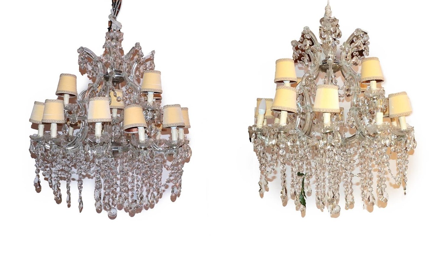 Lot 71 - A Pair of Cut Glass Seventeen-Light Chandelier, in Victorina style, the scroll branches hung...