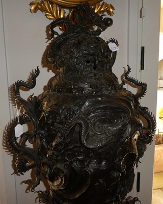Lot 73 - A Large Japanese Bronze Incense Burner, Cover and Stand, 19th century, of wave moulded baluster...