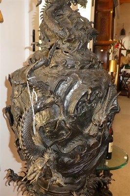Lot 73 - A Large Japanese Bronze Incense Burner, Cover and Stand, 19th century, of wave moulded baluster...