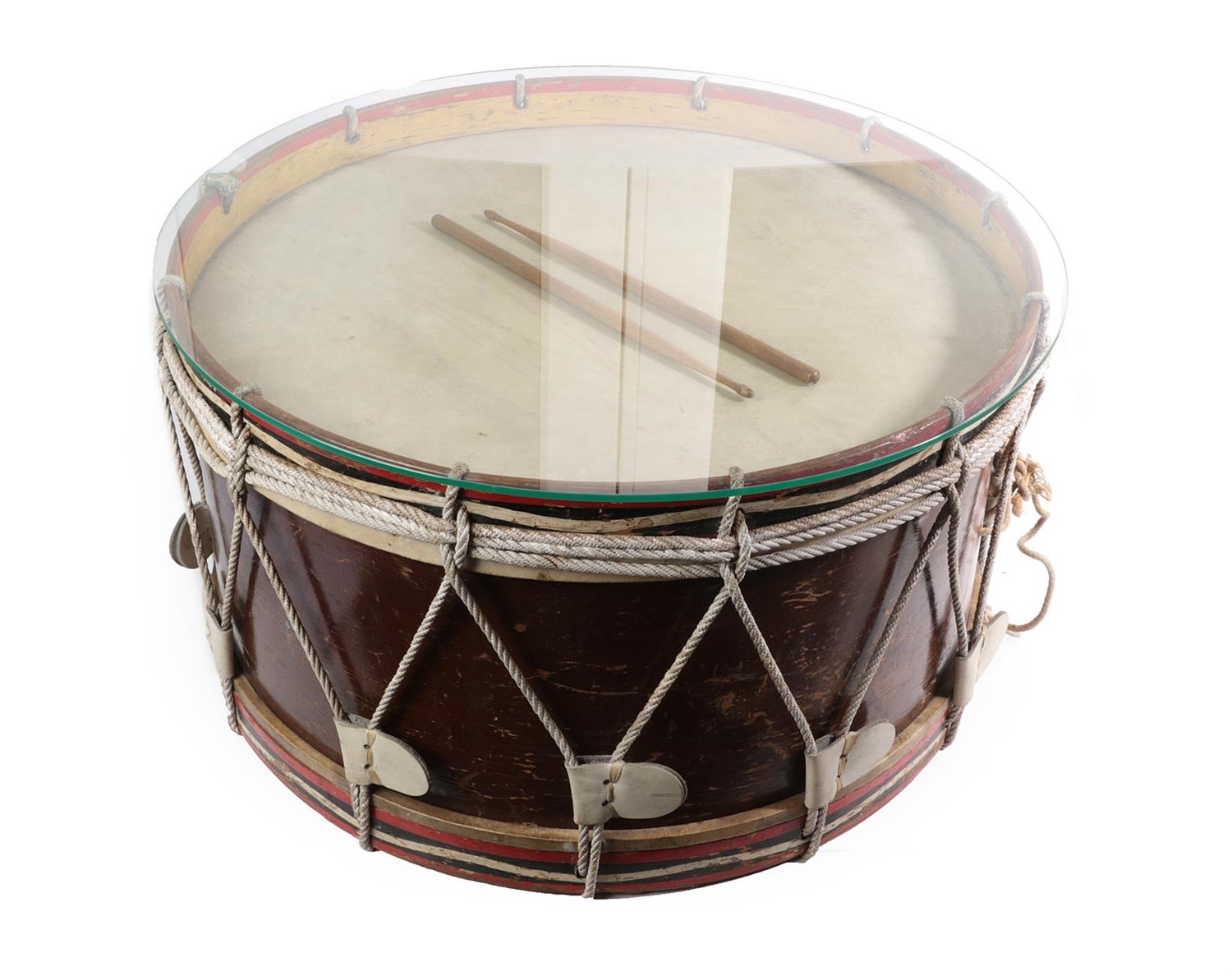 Lot 80 - A Ceremonial Bass Drum With Glass Top, the painted wooden sides with the insignia of the 4th...