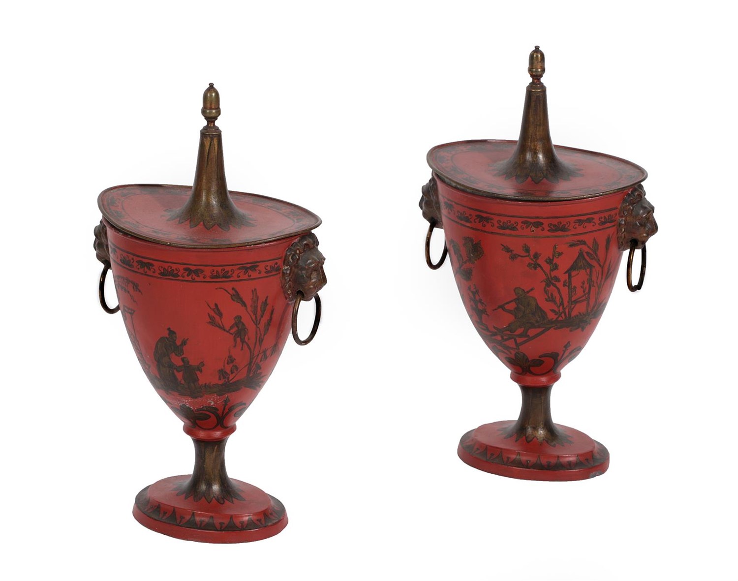 Lot 85 - A Pair of Toleware Chestnut Urns and Covers, in Regency style, with acorn finials and lion mask and