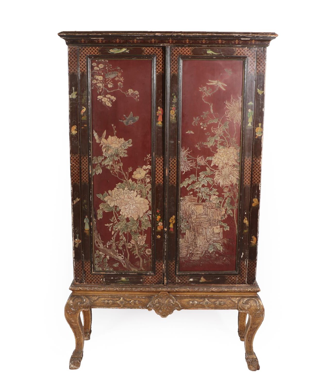 Lot 87 - A Black and Red Chinoiserie Painted Cabinet on Stand, part 18th century, the later moulded...