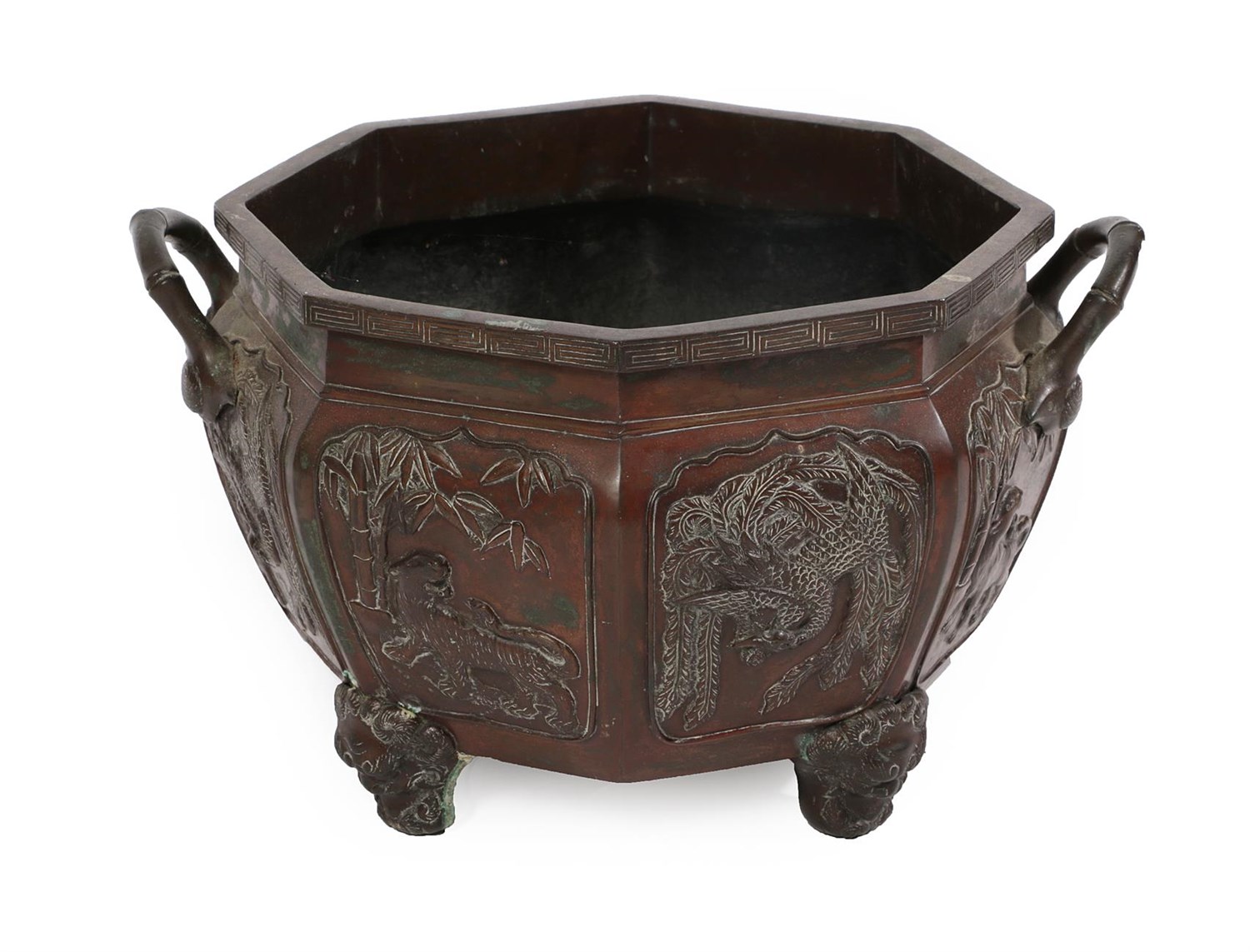 Lot 88 - A Chinese Bronze Jardiniere, 19th century, of bombé octagonal form, with loop handles cast...