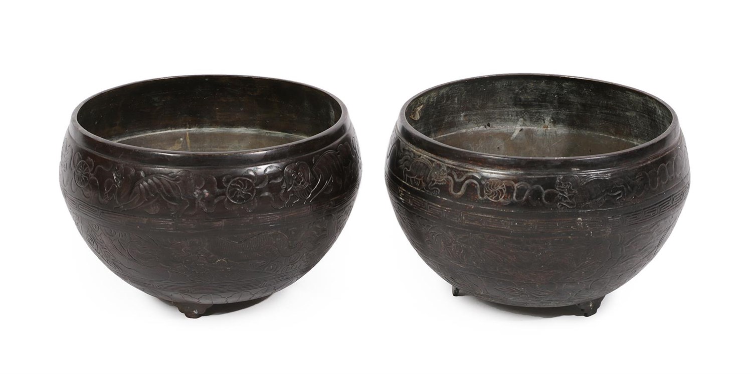 Lot 89 - A Pair of Chinese Patinated Bronze Jardinieres, late 19th century, the exteriors decorated with...