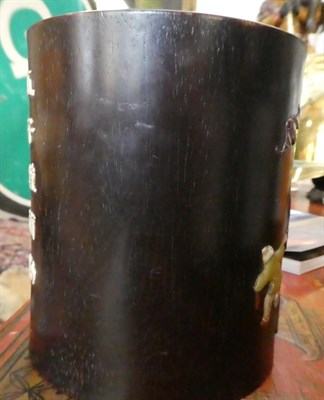 Lot 91 - A Chinese Hardstone Inlaid Hardwood Brush Pot, 19th Century, inlaid with Pu-tai and acolytes,...