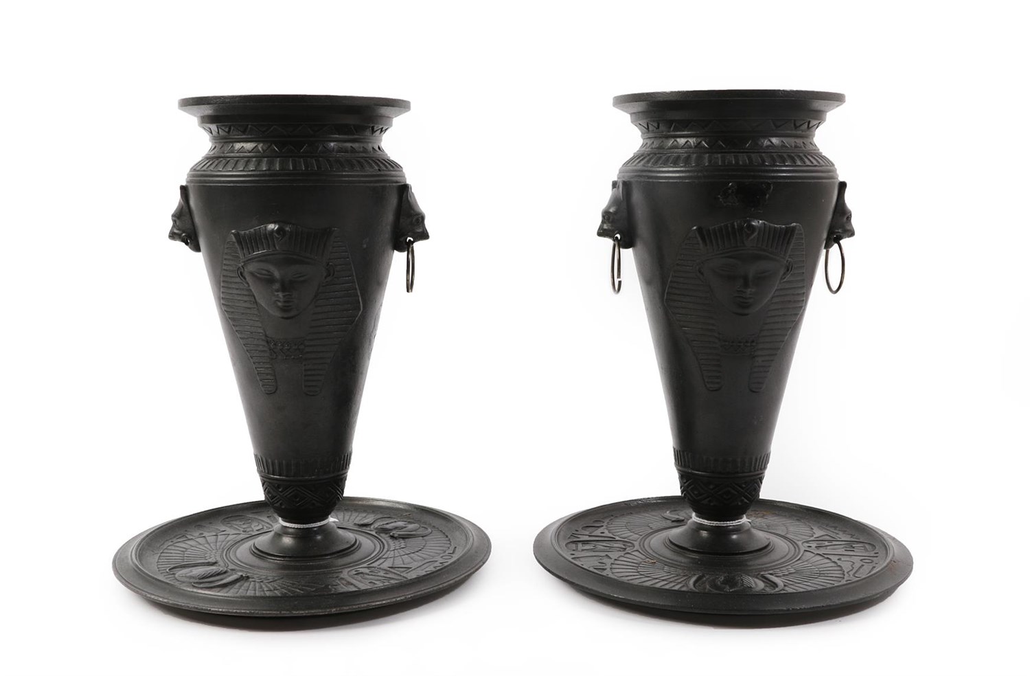 Lot 95 - A Pair of Grand Tour Spelter Vases, in Egyptian style, with cat mask ring handles and pseudo...