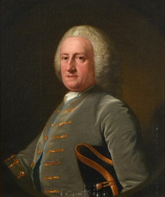 Lot 97 - Circle of Arthur Pond (1701-1758)  Portrait of a gentleman, half length, wearing a grey velvet...