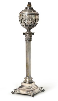 Lot 100 - A Silver Plate Mounted Table-Lamp, 20th Century, the stem modelled as a  Corinthian column, on...