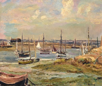 Lot 104 - Ronald Ossory Dunlop RA (1894-1973) Shipping on an estuary  Signed, oil on canvas, 61cm by 73.5cm