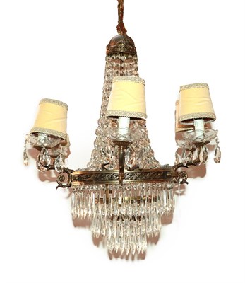 Lot 112 - A French Gilt Metal and Cut Glass Six-Light Chandelier, with three cast circular collars,...