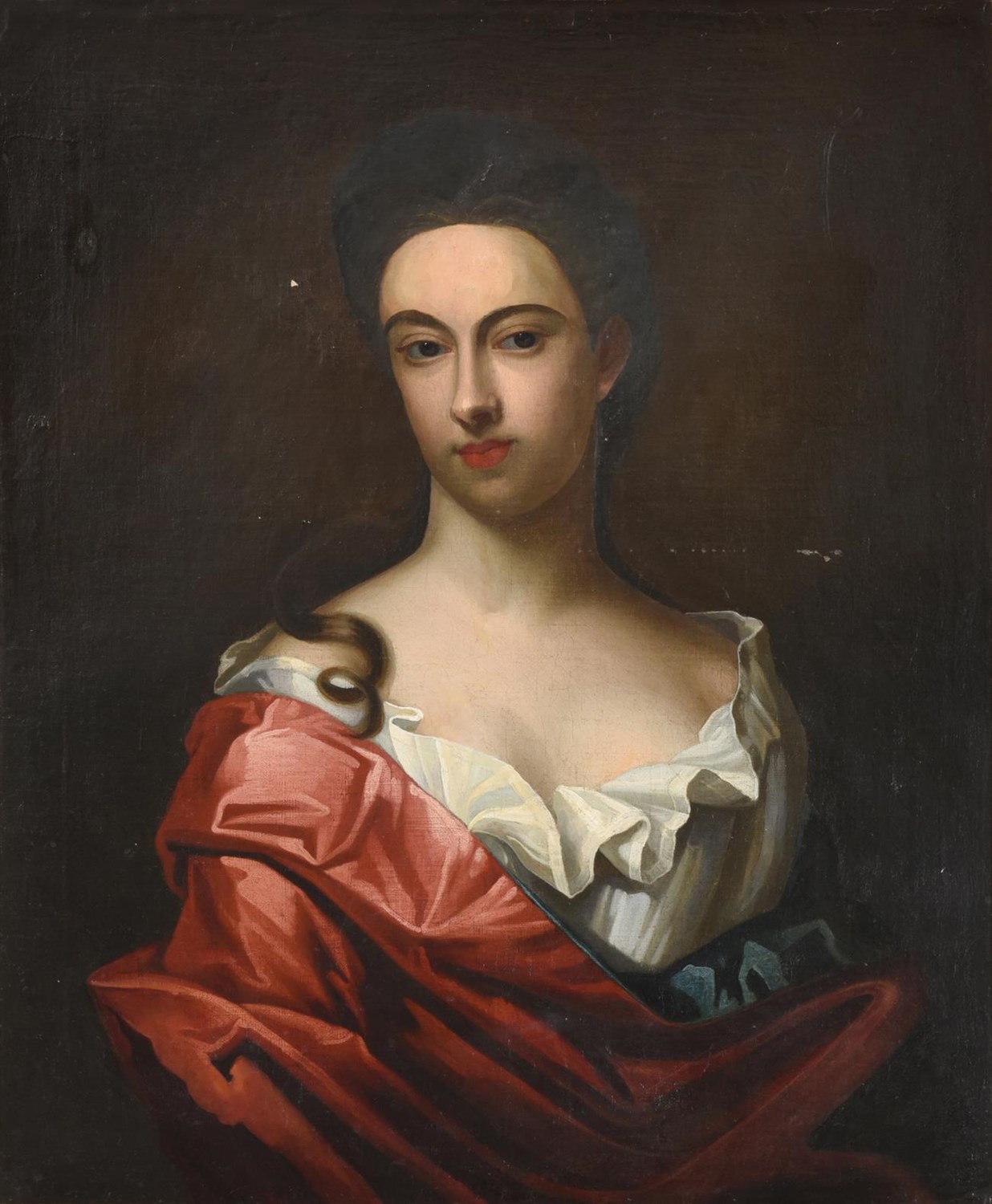 Lot 115 - Follower of Michael Dahl (1659-1743) Swedish  Portrait of a lady, half length, wearing a red...