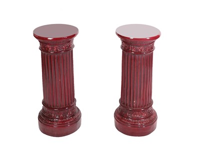 Lot 123 - A Pair of Dunmore Sang de Boeuf Glazed Earthenware Pedestals, circa 1900, with anthemion...