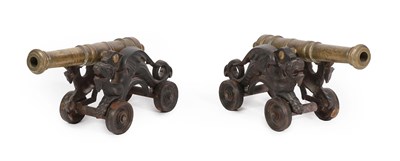 Lot 159 - A Pair of Late 19th Century Bronze Decorative Model Cannons, mounted on iron carriages, each...
