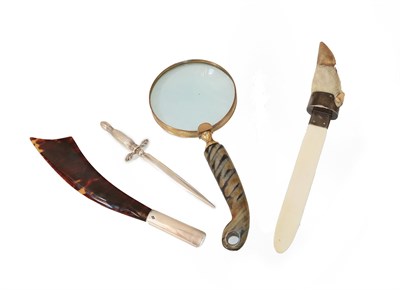Lot 185 - A Brass Mounted Magnifying Glass, late 19th century, with faux agate handle, 24cm long; A...