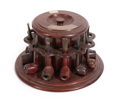 Lot 194 - A Dunhill ''White Spot'' Mahogany Tobacco Box/Pipe Rack, 1930's, of circular form, the cover...
