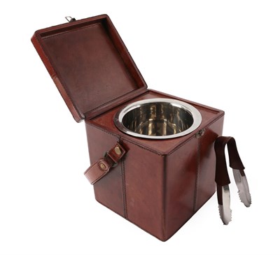 Lot 198 - A Leather Bound Travelling Picnic Ice Bucket, hinged cover enclosing a stainless steel...