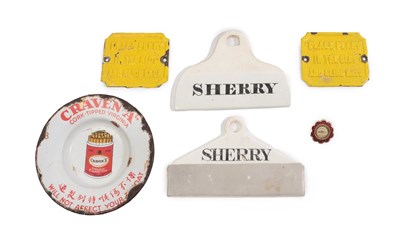 Lot 202 - Two Creamware Bin Labels, 19th century, both inscribed SHERRY, 12cm wide; An Enamelled Gilt...