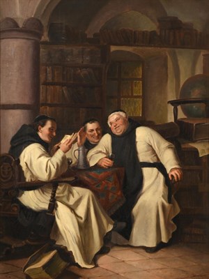 Lot 221 - C* Graham (19th century)  Monks merrymaking in a library  Signed and indistinctly dated, oil on...