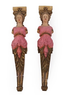 Lot 224 - A Pair of French Painted Plaster Corbels, late 19th/early 20th century, modelled as Caryatids...