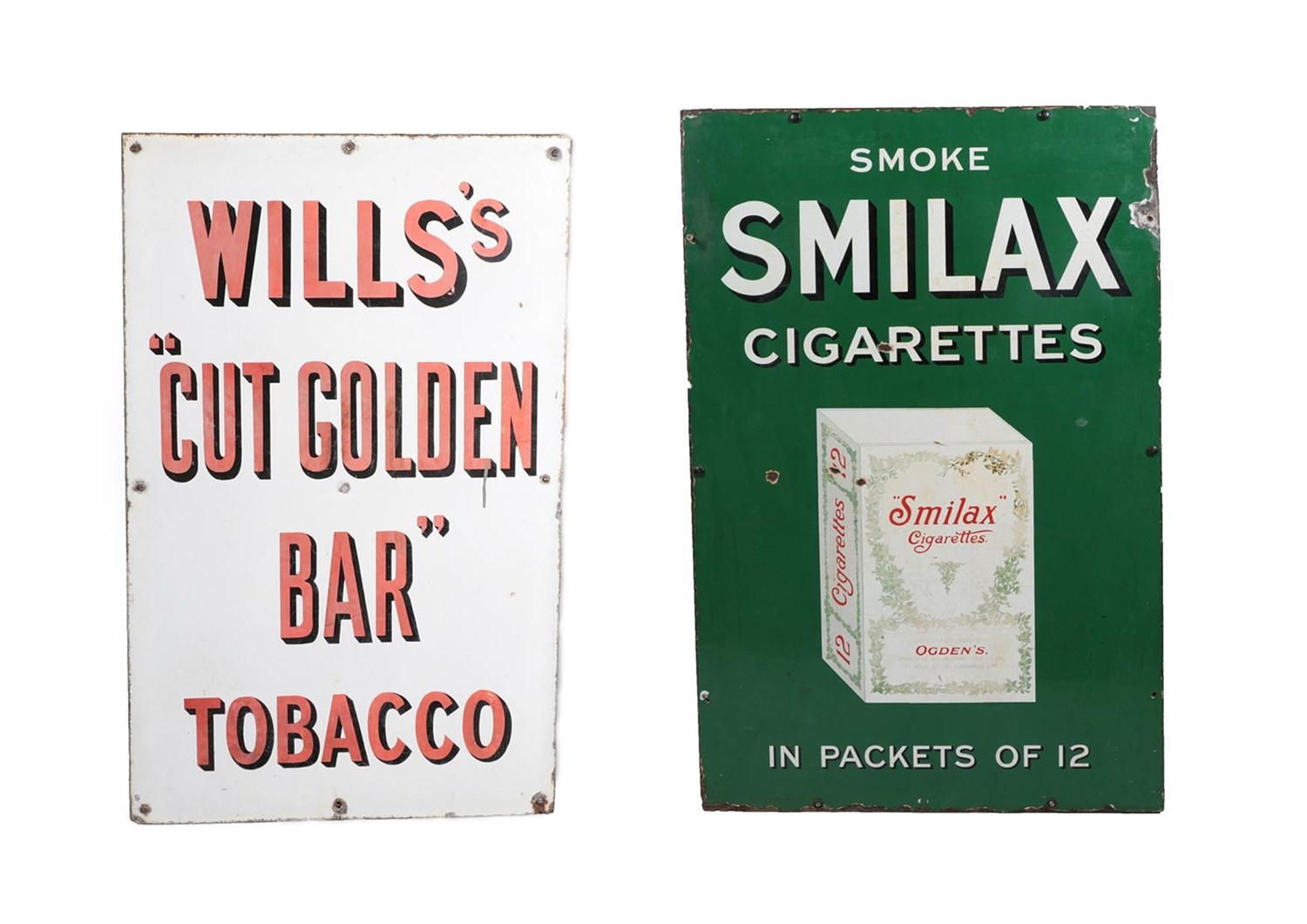 Lot 240 - A Smilax Cigarettes Enamel Advertising Sign, inscribed SMOKE SMILAX CIGARETTES IN PACKETS OF 12 and
