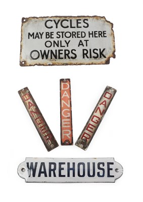 Lot 246 - An Enamel Sign, inscribed CYLES MAY BE STORED HERE ONLY AT OWNER'S RISK, 43cm by 17.5cm; Three...