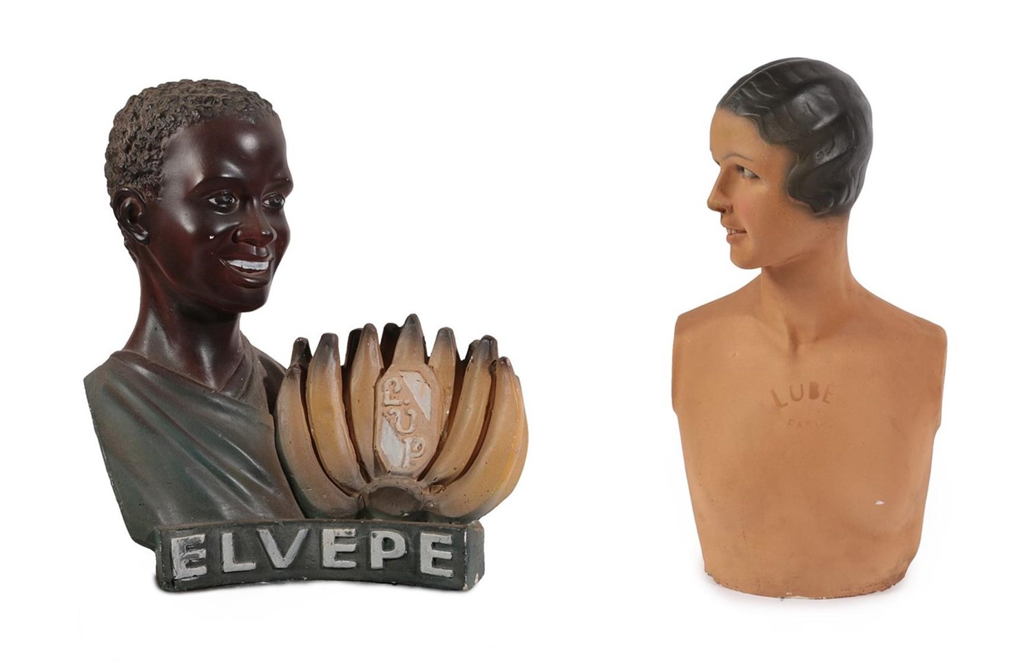 Lot 249 - A French Art Deco Painted Plaster Bust, by LUBE, PARIS, modelled as a nude female, with maker's...
