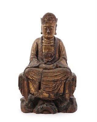Lot 268 - A Chinese Carved, Parcel Gilt and Polychrome Figure of Guanyin, 17th century, seated in...
