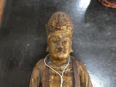 Lot 268 - A Chinese Carved, Parcel Gilt and Polychrome Figure of Guanyin, 17th century, seated in...