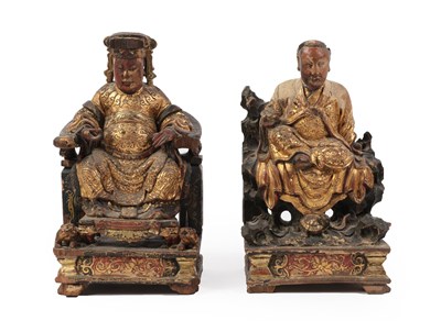 Lot 281 - A Pair of Chinese Carved Gilt and Polychrome Figures of Dignitaries, 17th century, each wearing...