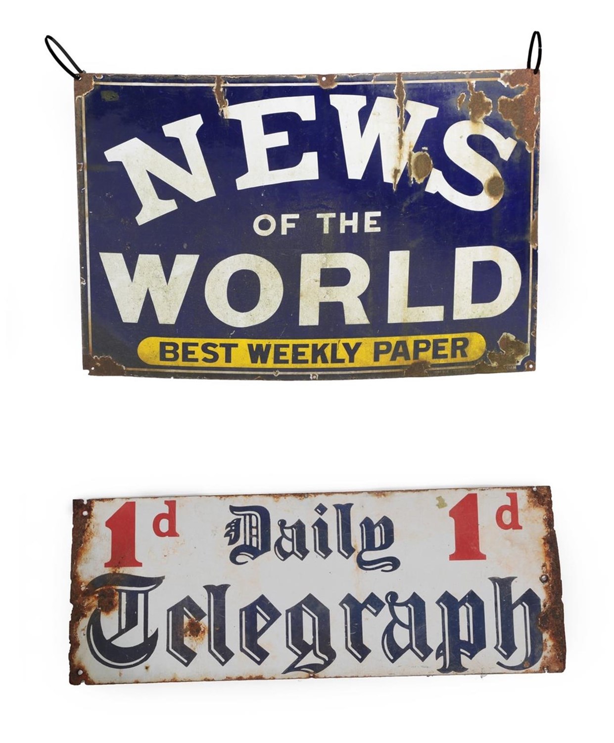 Lot 296 - An Enamelled News of the World Advertising Sign, inscribed NEWS OF THE WORLD BEST WEEKLY PAPER on a