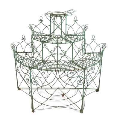 Lot 301 - A Victorian Green Painted Wirework Three-Tier Demi-Lune Etagere, with Gothic arches and...