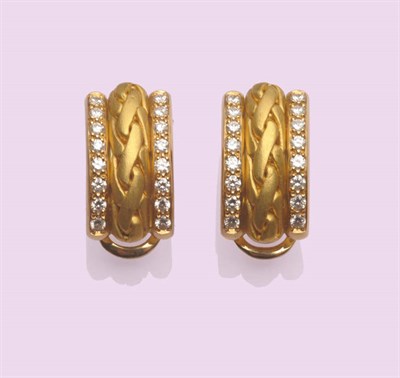 Lot 584 - A Pair of 18 Carat Gold Diamond Cuff Earrings, of a plaited brushed finish centre within borders of