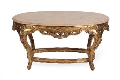 Lot 322 - A 20th Century Giltwood Oval Coffee Table, the pink marble top with a moulded edge and C scroll...