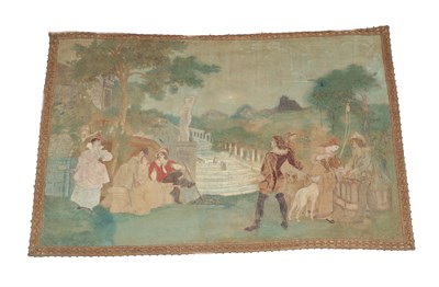 Lot 330 - A Tapestry and Painted Banner, in 17th century style, decorated with figures and dogs in landscape