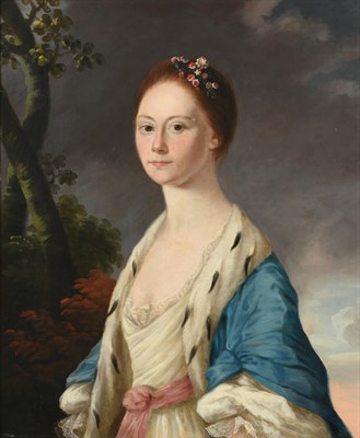 Lot 336 - British School (18th century)  Portrait of a lady, half length, wearing a white dress with blue...