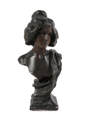 Lot 352 - A French Bronzed Composition Bust, in Art Nouveau style, as a maiden in loose robes on a...