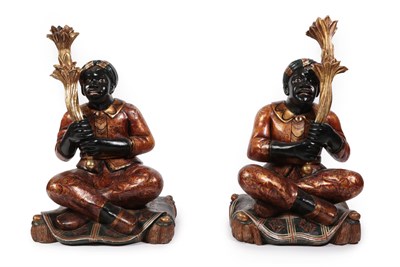 Lot 356 - A Pair of Late 19th Century Polychrome Decorated Italian Blackamoor Figures, each modelled as a...
