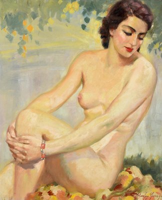 Lot 361 - Charley Garry (1891-1973) A nude seated and posed beside a lake in dappled sunlight   Signed,...