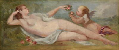 Lot 368 - Manner of François Boucher (1703-1770) French  Languorous nude passing roses to an attendant putti