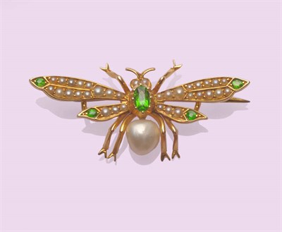 Lot 589 - An Early 20th Century Bug Brooch, the body set with a demantoid garnet and a pearl, and the...