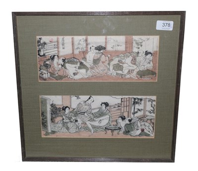 Lot 378 - Japanese School (late 19th/early 20th century) Shunga scenes Woodblocks, 12cm by 28cm (a pair,...