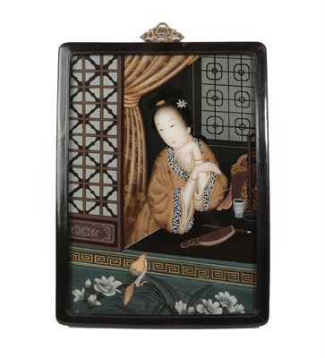 Lot 379 - Chinese School (early 20th century): A Reverse Painting on Glass, depicting a maiden sitting at...