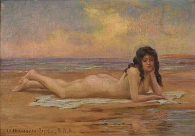 Lot 386 - William Hounsom-Byles RBA (1872-1916)  A nude in repose on a shoreline  Signed, oil on panel,...
