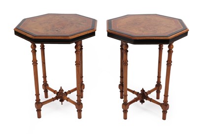 Lot 389 - A Pair of Late Victorian Burr Walnut, Birch and Ebonised Octagonal Occasional Tables, late 19th...