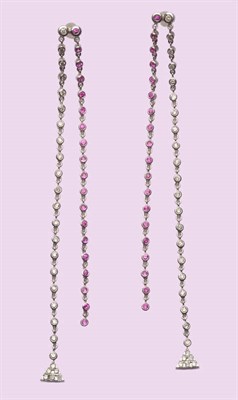 Lot 593 - A Pair of Diamond and Pink Sapphire Earrings, round brilliant cut stones in white chain linked...