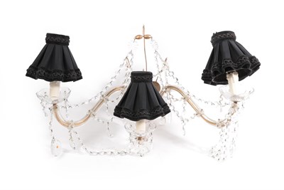 Lot 415 - A Set of Six Gilt Metal Mounted Glass Three-Branch Wall Lights, the scroll branches hung with...