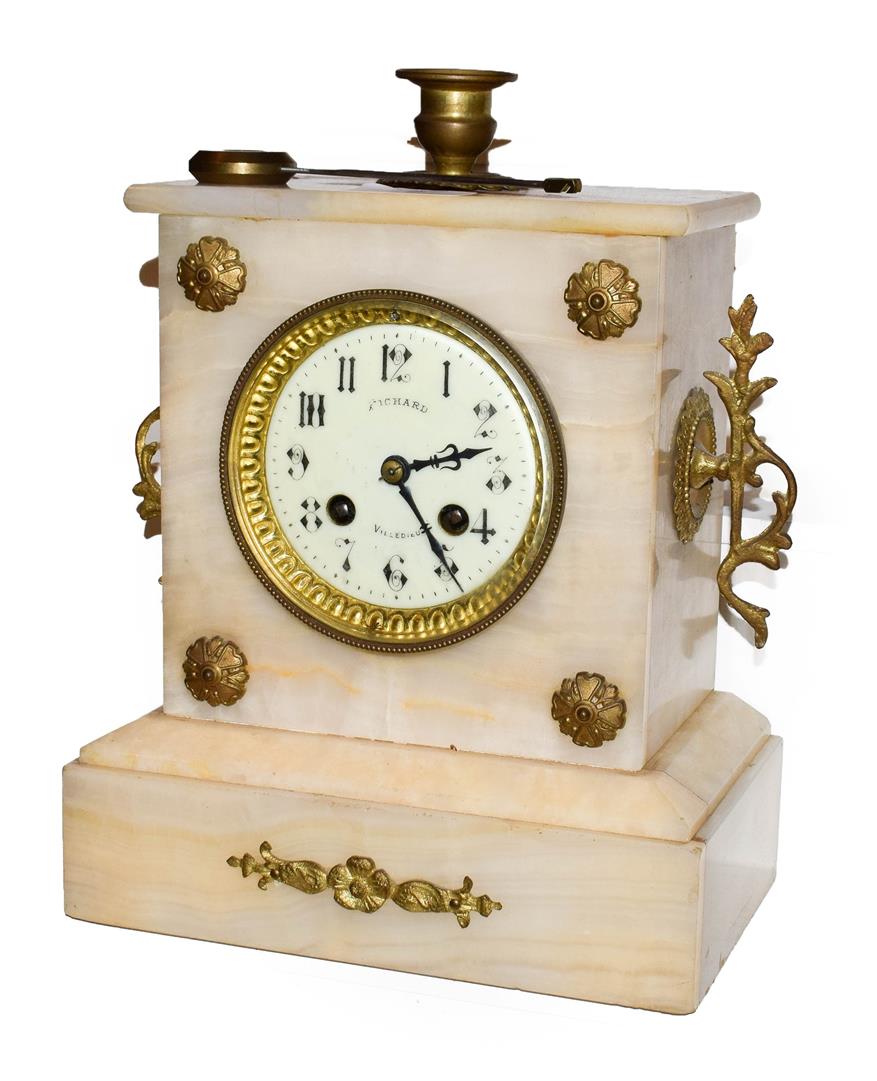 Lot 7 - An alabaster French striking mantel clock, circa 1910, 28cm high
