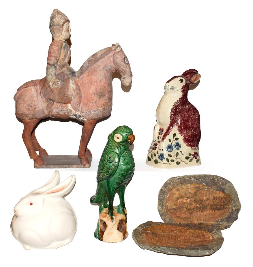 Lot 11 - A collection of ceramics including a Rye pottery model of a seated hare, a Japanese...
