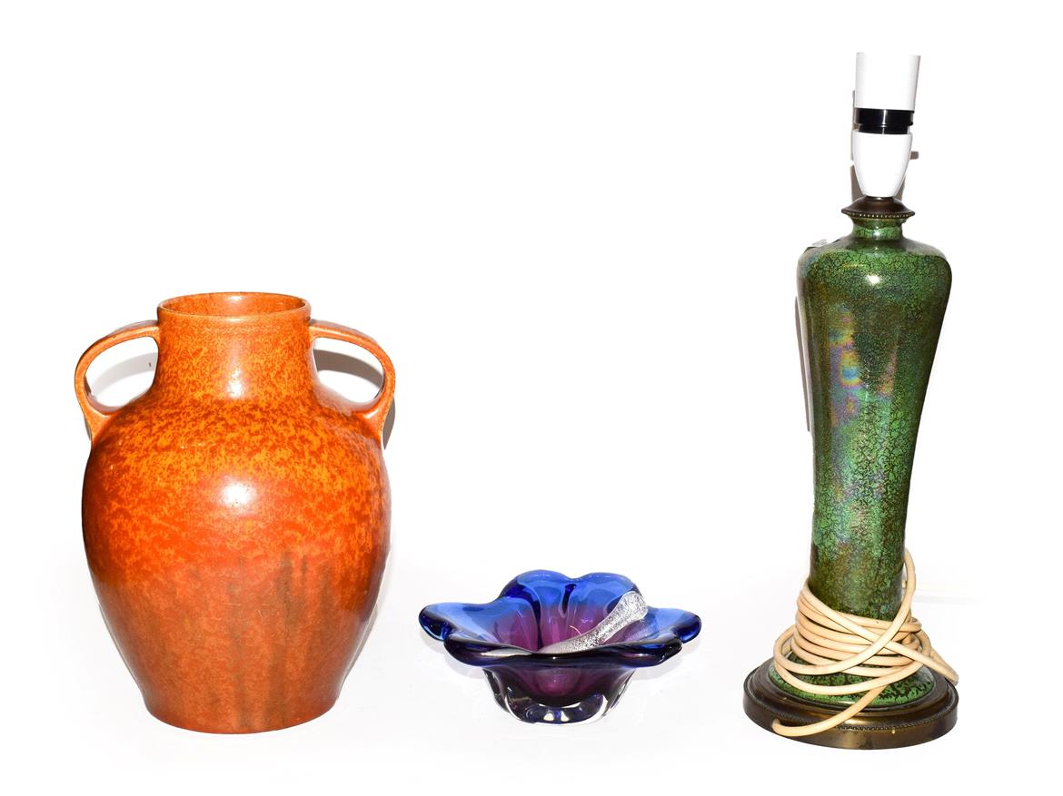 Lot 31 - A Royal Lancastrian twin handled mottled orange glazed vase, a similar iridescent lamp base and two